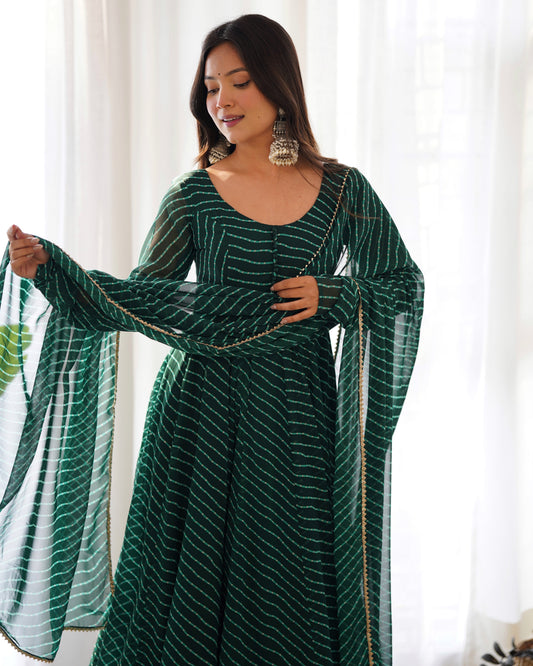 Green Color Laheriya Print Georgette Three Piece Anarkali Suit