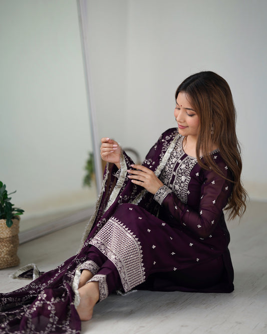 Pure Blooming Rangoli Silk Straight-Fit Sequins & Thread Embroidered Kurta Set with Trousers & Dupatta