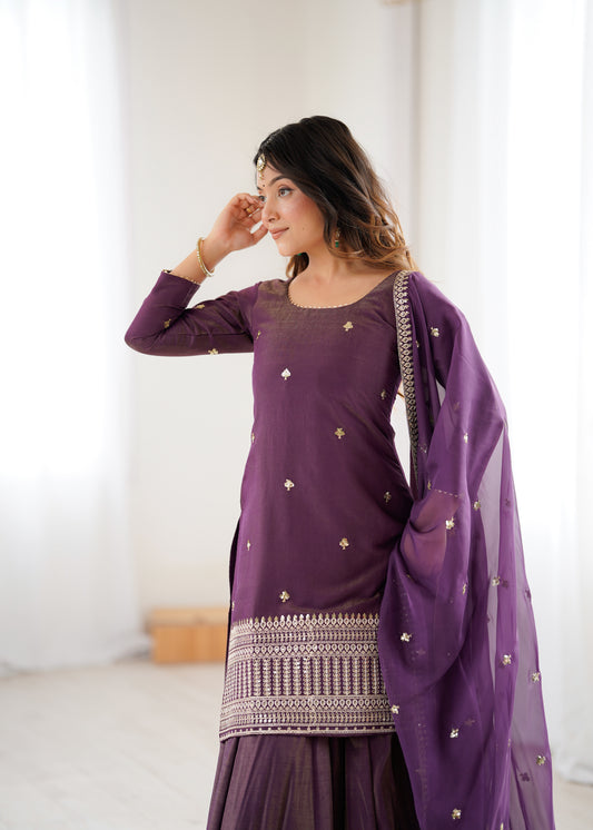 Pure Roman Shimmer Chanderi Silk Sequins & Dori Embroidered Kurta with 4-Meter Flared Lehenga & Organza Dupatta Set