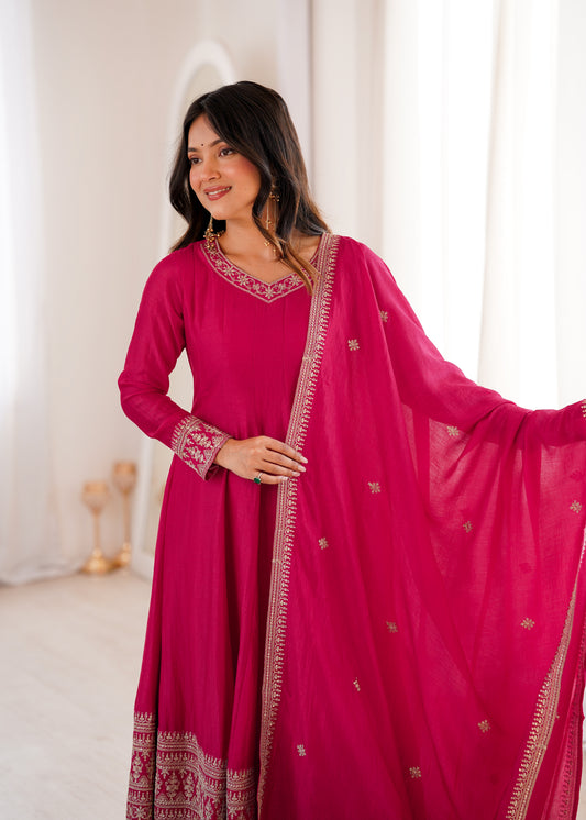Pure Blooming Vichitra Silk Flared Anarkali Set with Dori Sequins Embroidery, Bottom Lace Pant & Shawl Dupatta