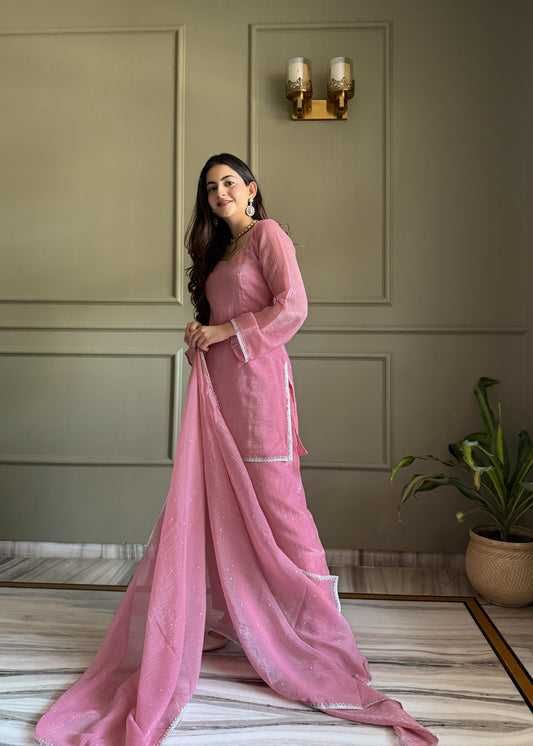 Crunchy Silk Siroski Diamond Work Farshi Salwar Suit Set with Fancy Lace Dupatta
