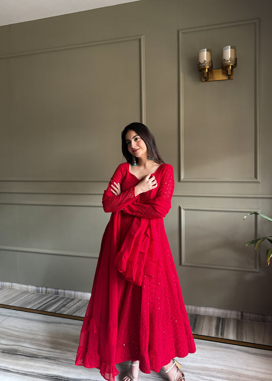 Pure Soft Fox Georgette Lucknowi Sequins & Thread Work 4-Meter Flared Kali Pattern Anarkali Set with Ruffle Dupatta & Pant
