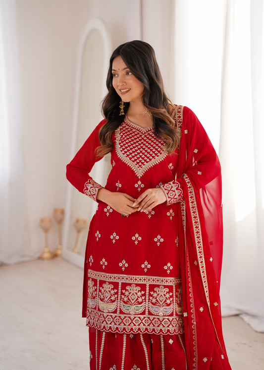 Pure Fox Georgette Dori, Zari & Sequins Embroidered Top with Flared Sharara & Dupatta Set