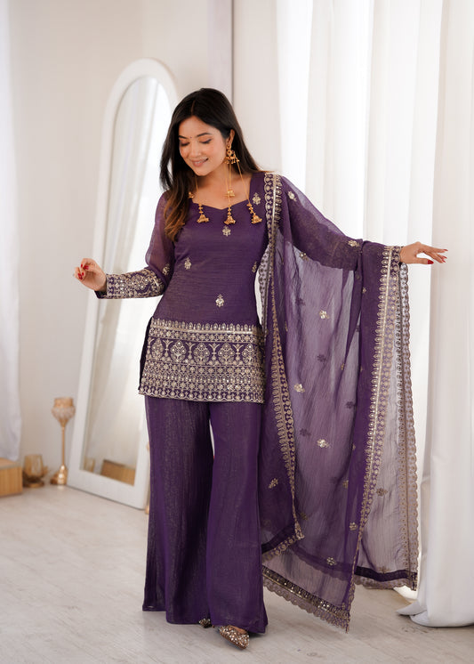 CRUNCHY SILK FABRIC WITH EMBROIDERY SEQUENCE AND JARI WORK,TOP WITH DUPPTA SET,BELL BOTTOM PENT