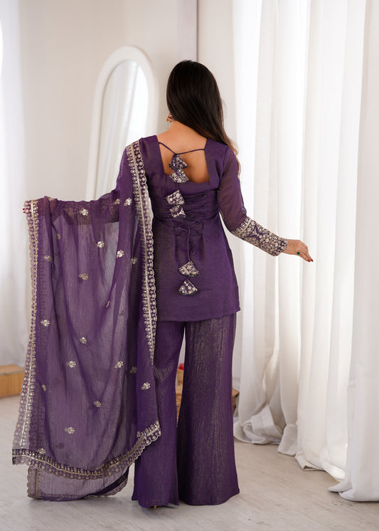 CRUNCHY SILK FABRIC WITH EMBROIDERY SEQUENCE AND JARI WORK,TOP WITH DUPPTA SET,BELL BOTTOM PENT