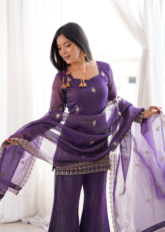 CRUNCHY SILK FABRIC WITH EMBROIDERY SEQUENCE AND JARI WORK,TOP WITH DUPPTA SET,BELL BOTTOM PENT
