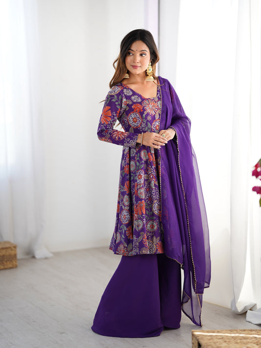 PURE SOFT ROMANSILK CHANDERI DISCHARGE PRINT FABRIC FULLY FLAIR KEDIYA STYLE KURTA,WITH DUPPTA SET,PALAZZO