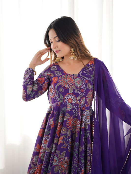 PURE SOFT ROMANSILK CHANDERI DISCHARGE PRINT FABRIC FULLY FLAIR KEDIYA STYLE KURTA,WITH DUPPTA SET,PALAZZO