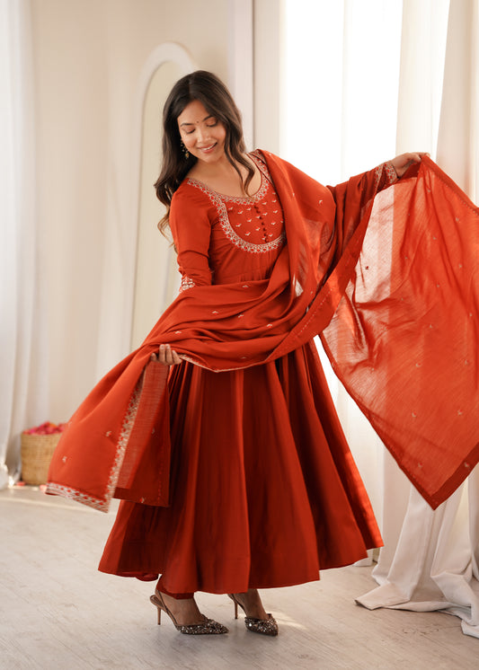 PURE ROMAN CHANDERI SILK FABRIC FULLY FLARE ANARKALI,WITH DUPATTA SET,PENT