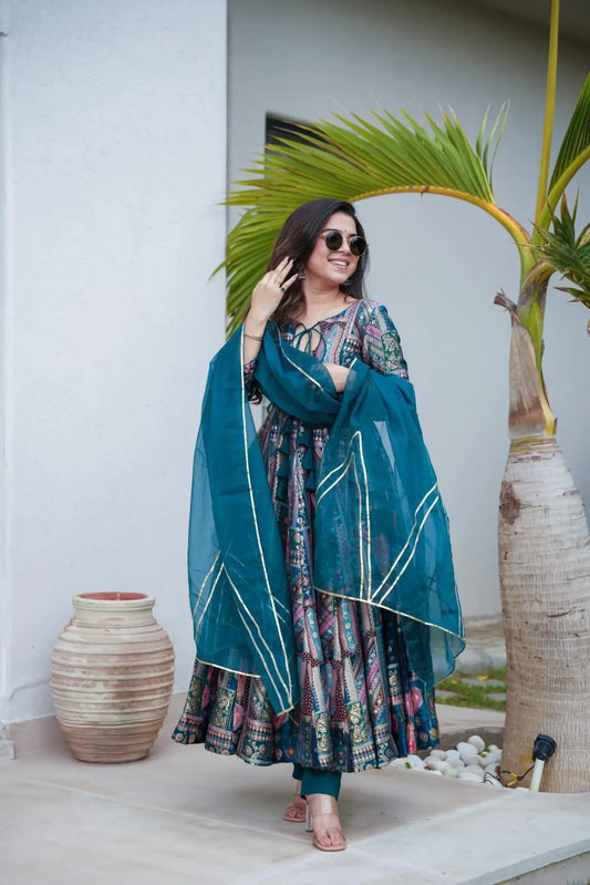 Shining Blue Color Multi Bright Silk Anarkali Suit Set