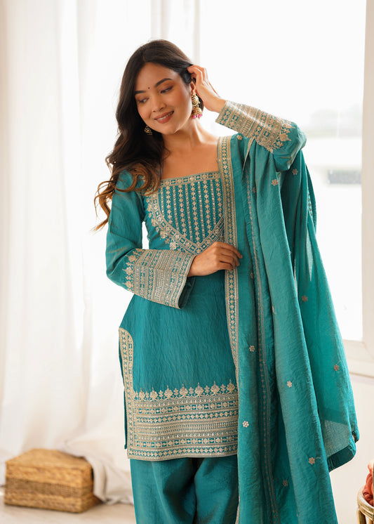 NC VICHITRA SILK FABRIC WITH EMBROIDERY SEQUENCE,DORI AND JARI WORK TOP,DUPPTA SET WITH FARSHI SHALWAR