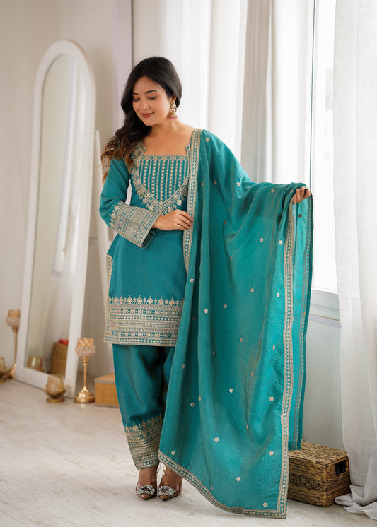 NC VICHITRA SILK FABRIC WITH EMBROIDERY SEQUENCE,DORI AND JARI WORK TOP,DUPPTA SET WITH FARSHI SHALWAR