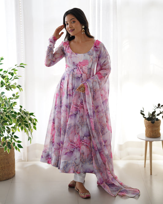 Printed Pink And White Kali Pattern Organza Silk Three-Piece Anarkali Suit