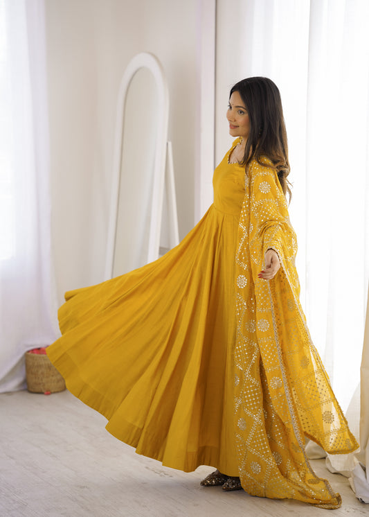 PURE ROMANSILK CHANDERI FABRIC FULLY FLARE ANARKALI,WITH DUPAPTA SET,PENT