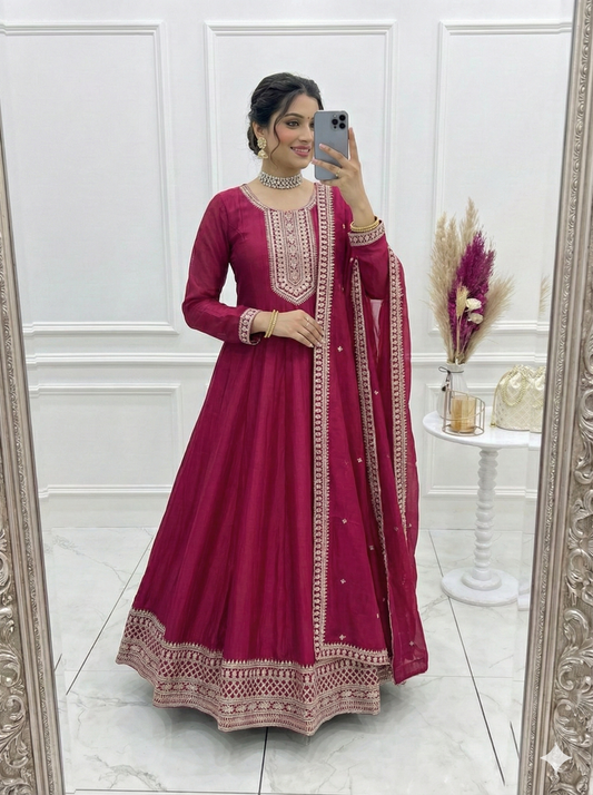 Pure Vichitra Silk Flared Anarkali Gown Set with Dori Sequins Embroidery & Tasseled Dupatta