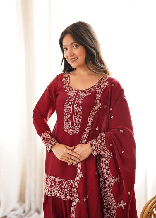 GLASS ROMAN SILK FABRIC WITH EMBROIDERY SEQUENCE AND JARI WORK TOP,DUPPTA SET WITH FARSHI SHALWAR