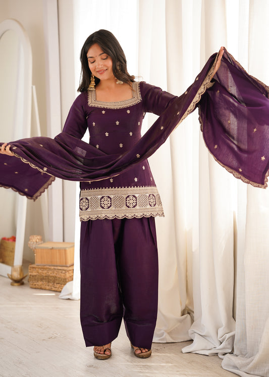 GLASS ROMAN SILK FABRIC WITH EMBROIDERY SEQUENCE DORI AND JARI WORK TOP,DUPPTA SET WITH FARSHI SHALWAR