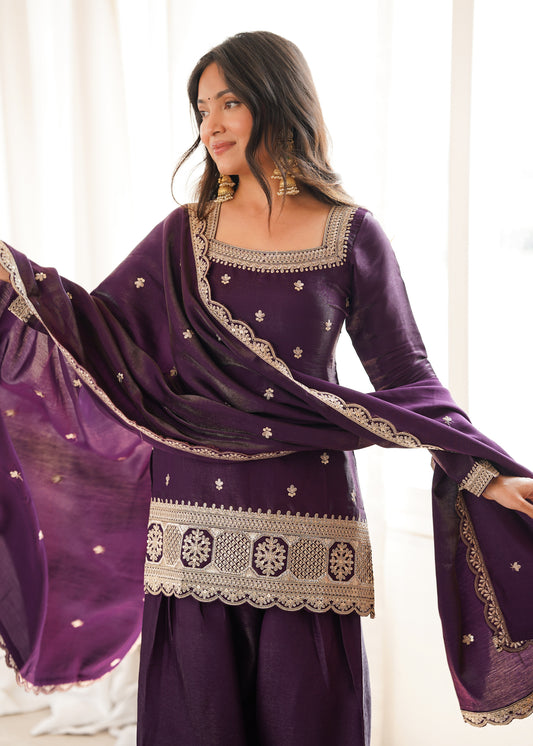 GLASS ROMAN SILK FABRIC WITH EMBROIDERY SEQUENCE DORI AND JARI WORK TOP,DUPPTA SET WITH FARSHI SHALWAR