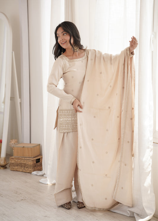 GLASS ROMAN SILK FABRIC WITH EMBROIDERY SEQUENCE DORI AND JARI WORK TOP,DUPPTA SET WITH FARSHI SHALWAR