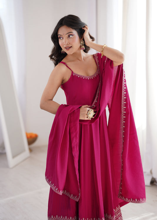 PURE ROMANSILK CHANDERI FABRIC FULLY FLARE ANARKALI,WITH DUPPTA SET,PENT