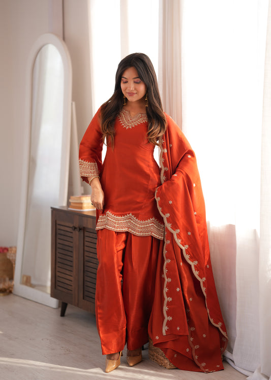 GLASS ROMAN SILK FABRIC WITH EMBROIDERY SEQUENCE DORI AND JARI WORK TOP,DUPATTA SET WITH FARSHI SHALWAR