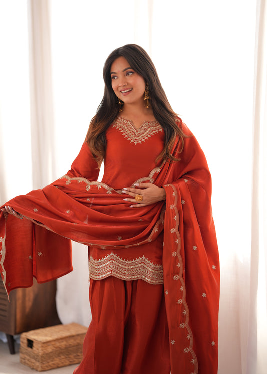 GLASS ROMAN SILK FABRIC WITH EMBROIDERY SEQUENCE DORI AND JARI WORK TOP,DUPATTA SET WITH FARSHI SHALWAR
