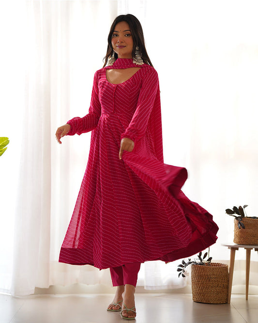 Laheriya Print Georgette Three Piece Rani Pink Anarkali Suit Set