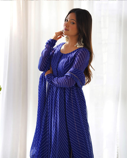 Laheriya Print Georgette Three Piece Royal Blue Anarkali Suit Set