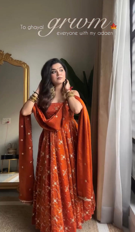 Rust Orange Floral Embroidered Anarkali Suit with Dupatta