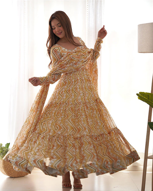 Soft Georgette Three Layer Ruffle Style Off-White Anarkali Suit Set