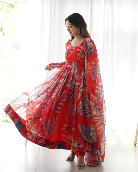 Pretty Multi Design With Red Color Anarkali Gown