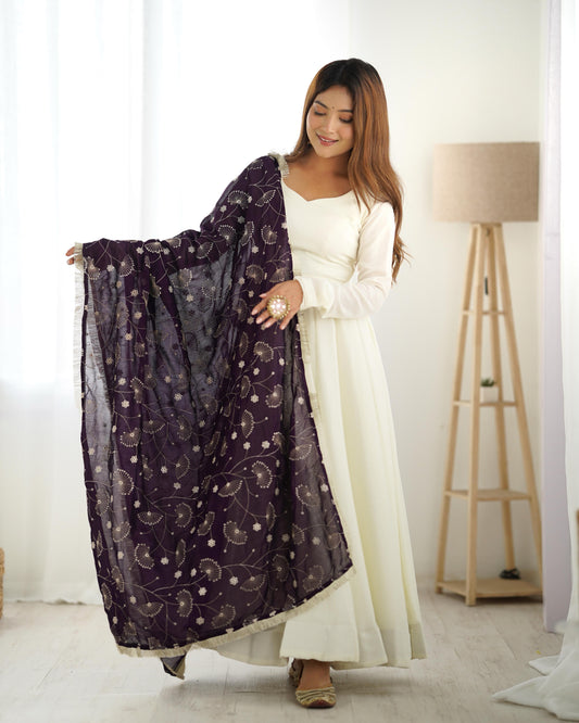 Pure Soft Vichitra Silk 4-Meter Flared Kali Pattern Anarkali Set with Shawl Dupatta & Pant