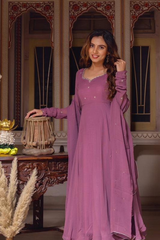 Dusty Pink Color Georgette Base Embroidery Work On Neck Anarkali Suit Set