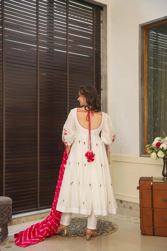 Engagement Wear White Color Embroidery Work Butta Georgette With Huge Flair Anarkali Suit