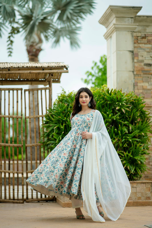 Best Multicolor Anarkali Suit Set Maslin Fabric with Dupatta