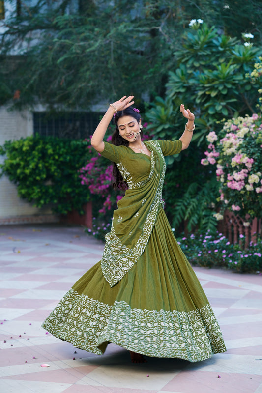 Janmashtami Special Cotton Chanderi Natural Batik Print Lehenga Choli Set with 4-Meter Flair