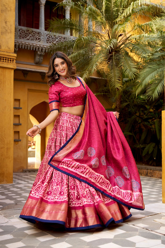 Traditional Dola Silk Batik Print Lehenga Choli with Zari Weaving Work & Matching Printed Dupatta