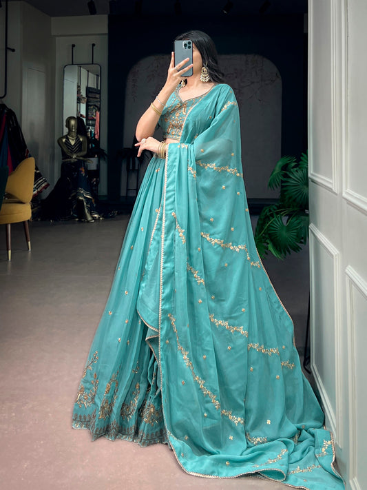 Star Georgette Sequins & Resham Embroidered Lehenga Choli Set with Cancan & Arca Detailing