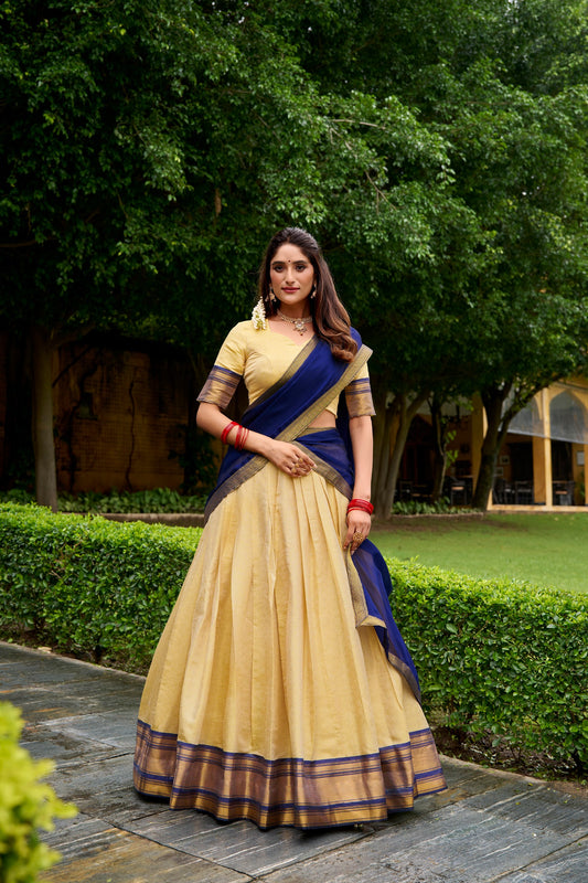 Kanchipuram Silk Zari Weaving Half Saree Lehenga Set with Fully Stitched Blouse & Georgette Dupatta