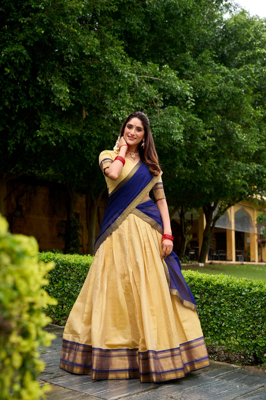 Kanchipuram Silk Zari Weaving Half Saree Lehenga Set with Fully Stitched Blouse & Georgette Dupatta