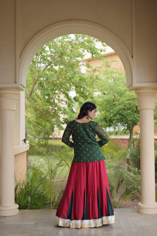 Festive Bandhani Print Georgette Jacket Top with Kutchi Gamthi Lace Blouse & Flared Rayon Lehenga