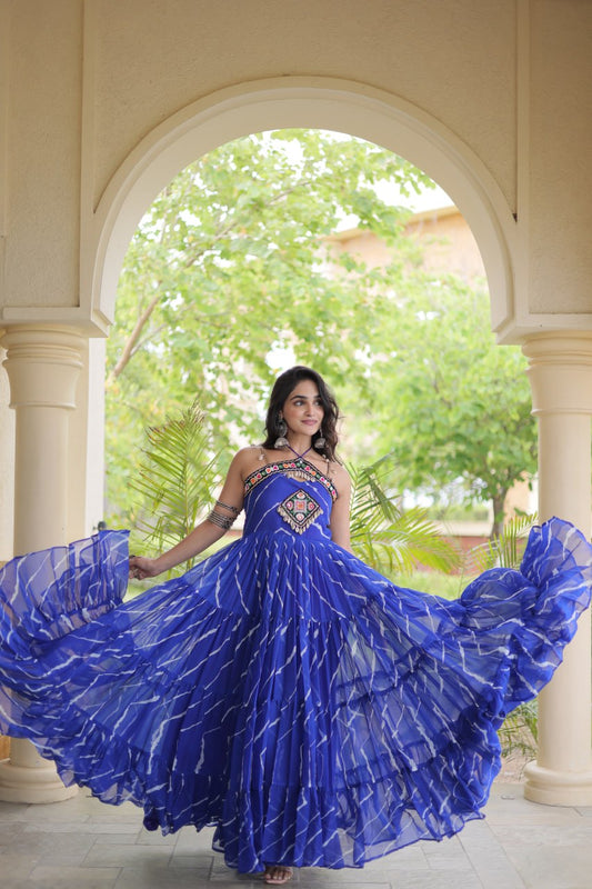 Laheriya Print Kutchi Patchework Faux Georgette Gown – Elegant & Comfortable