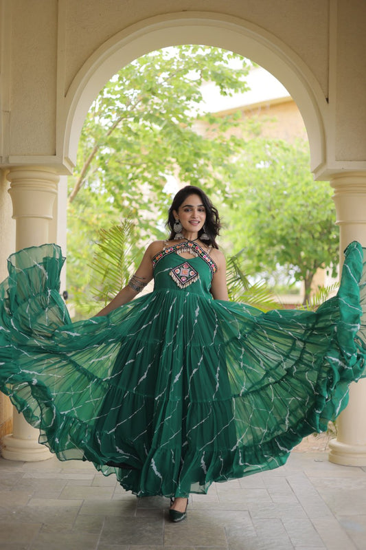 Laheriya Print Kutchi Patchework Faux Georgette Gown – Elegant & Comfortable