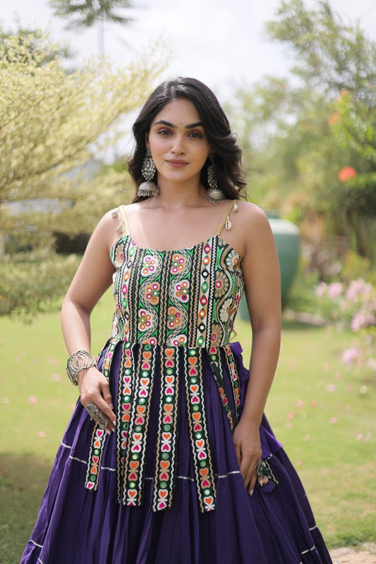 Sleeveless Kora Cotton Kutchi Patchwork Blouse with Flared Frill Lehenga Set