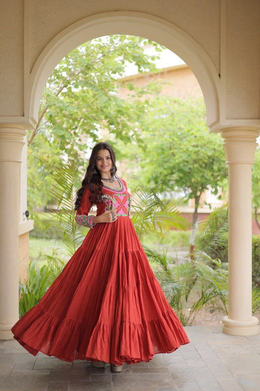 Kutchi Gamthi Embroidered Rayon Gown for Women