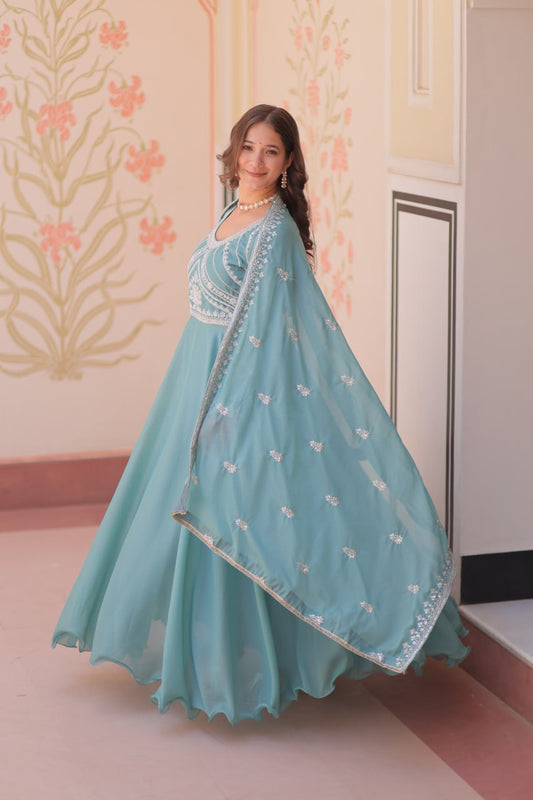 Women Embroidered Regular Silk Georgette Top With Dupatta