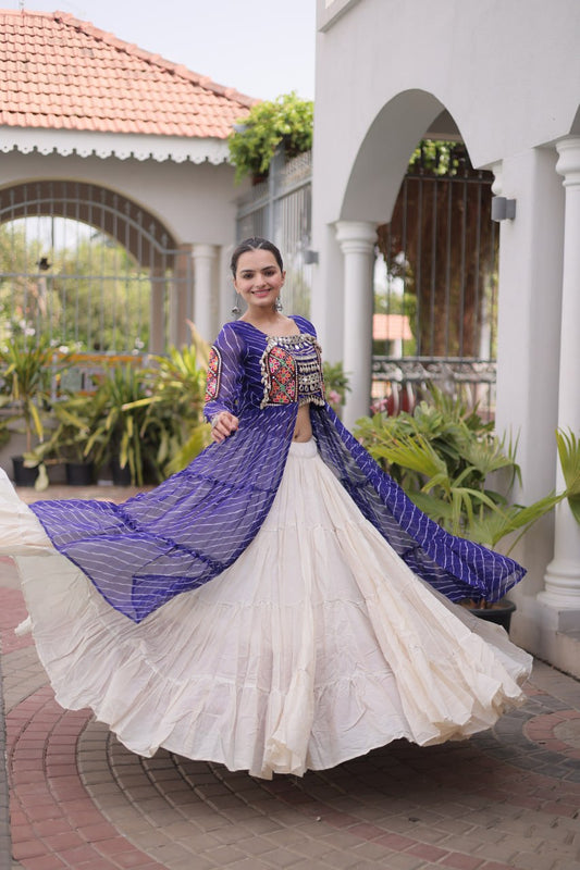 Full Sleeves Leheriya Print Georgette Kurti with Kutchi Patchwork & 12-Meter Flared Kora Cotton Lehenga Set