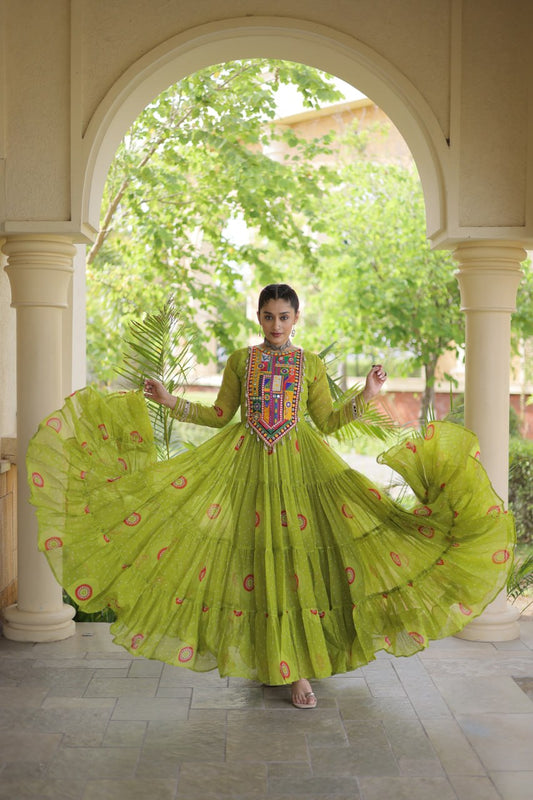 Faux Georgette Bandhani Print Gown with Kutchi Patchwork Yoke & Cowrie Shell Accents