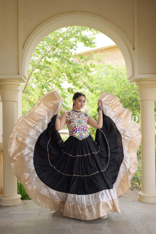 Ethnic Kutchi Embroidered V-Neck Blouse with Extra-Flared Rayon & Lampi Lace Lehenga Set