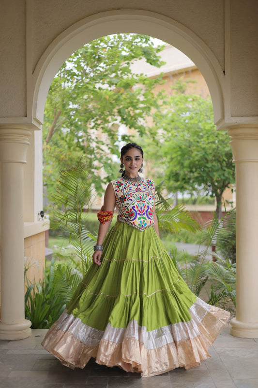 Ethnic Kutchi Embroidered V-Neck Blouse with Extra-Flared Rayon & Lampi Lace Lehenga Set